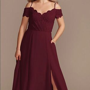 DB Studios Celebrate Wine size 0 lace chiffon off-shoulder long bridesmaid dress
